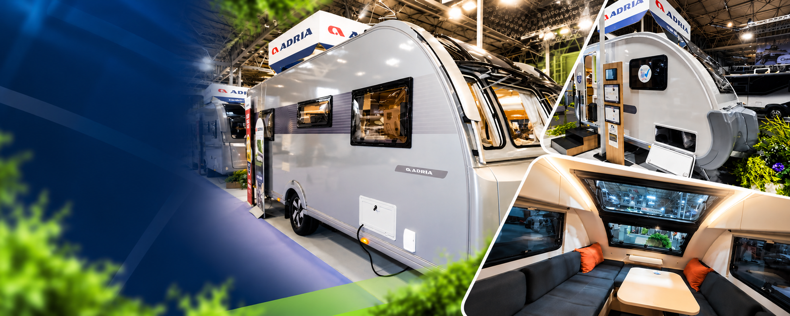 Adria caravan range on display with exterior and interior views